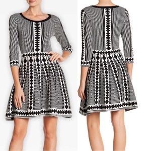NINA LEONARD Geometric Print Sweater Dress Black and White fit and flare